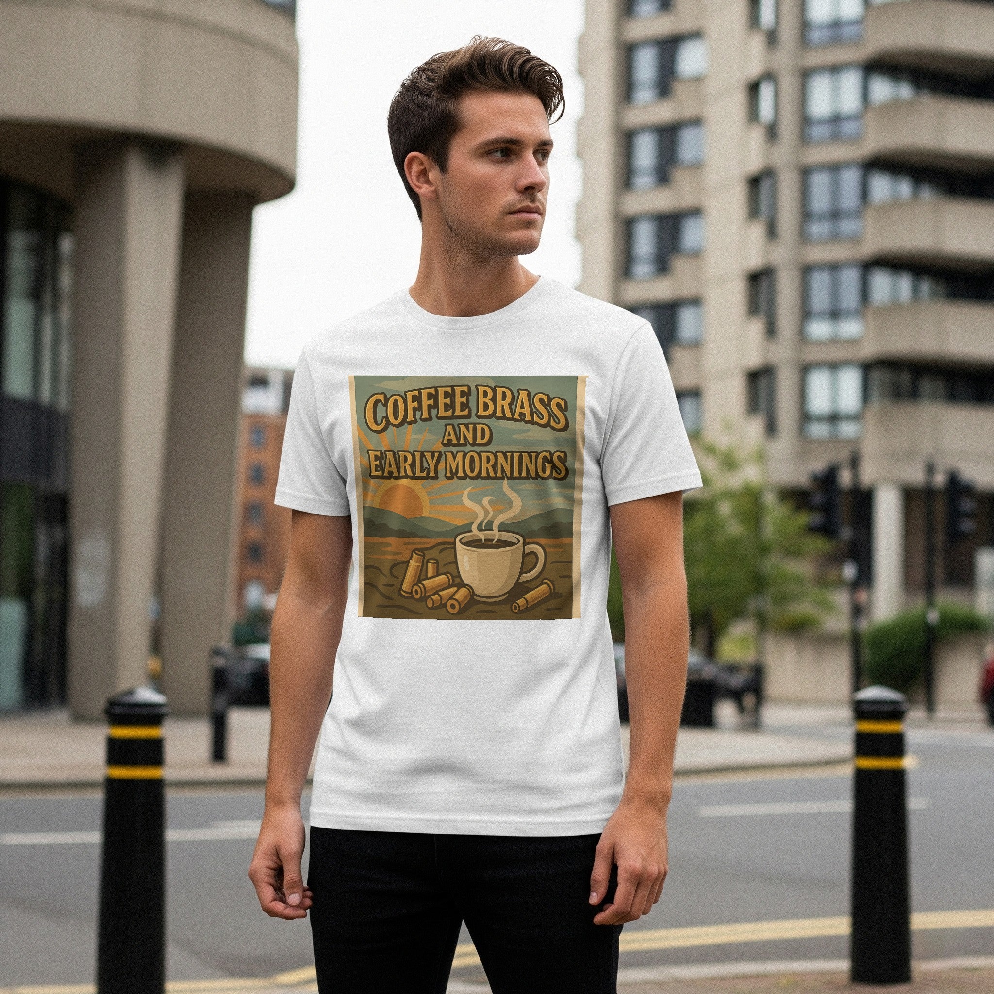 Coffee Brass and Early Mornings – Unisex Classic Tee – Rustic Coffee Graphic T-Shirt