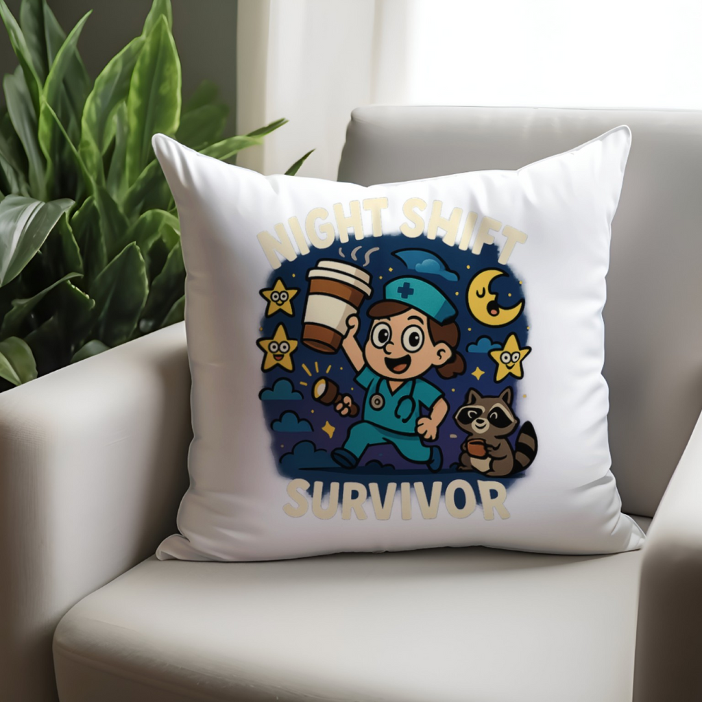 Night Shift Survivor Throw Pillow – Funny Nurse & Doctor Gift – 18x18 / 22x22