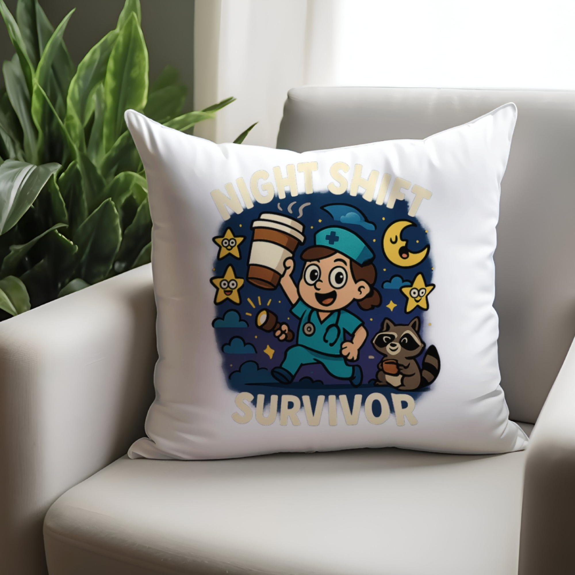 Night Shift Survivor Throw Pillow – Funny Nurse & Doctor Gift – 18x18 / 22x22