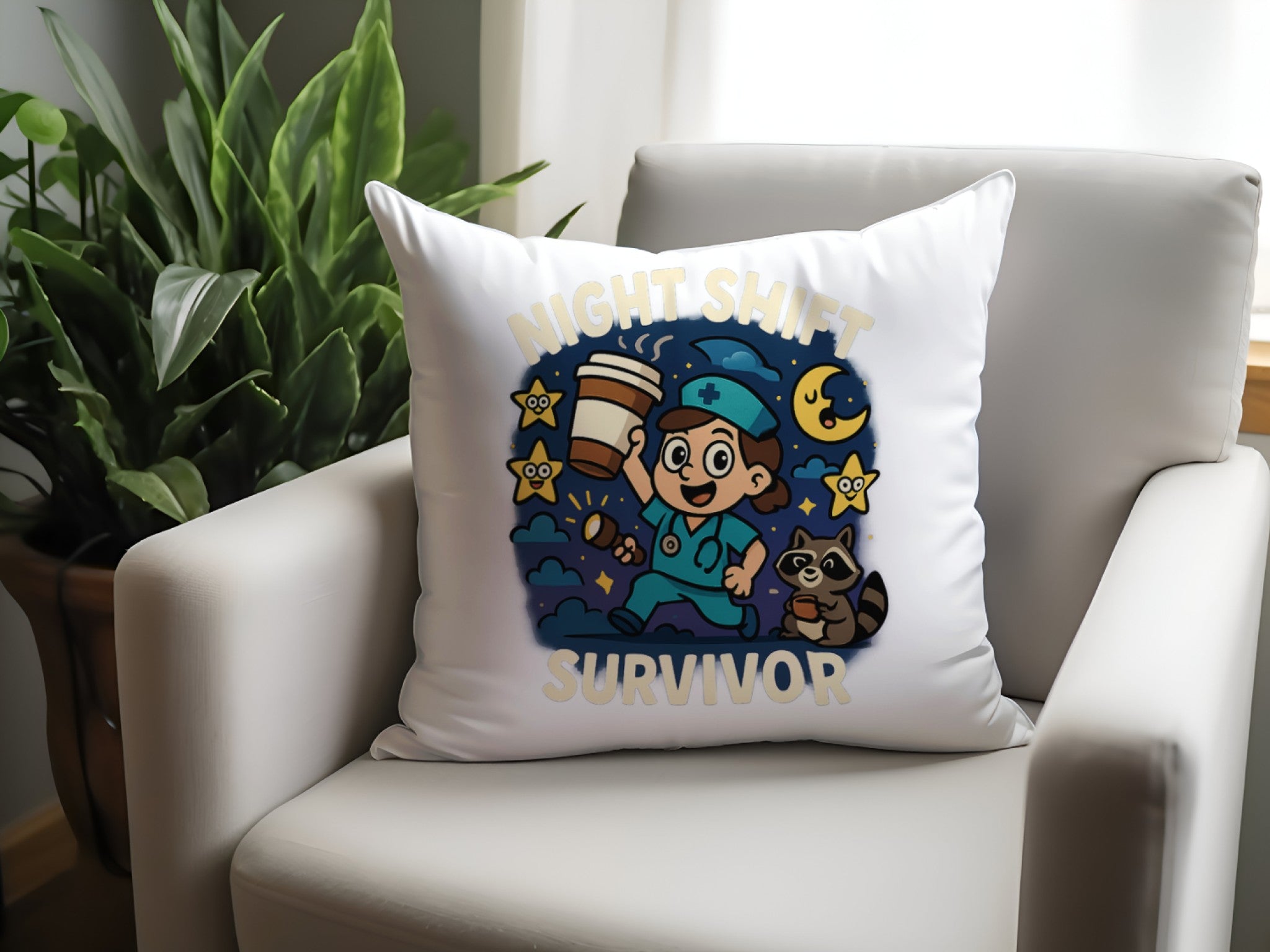 Night Shift Survivor Throw Pillow – Funny Nurse & Doctor Gift – 18x18 / 22x22