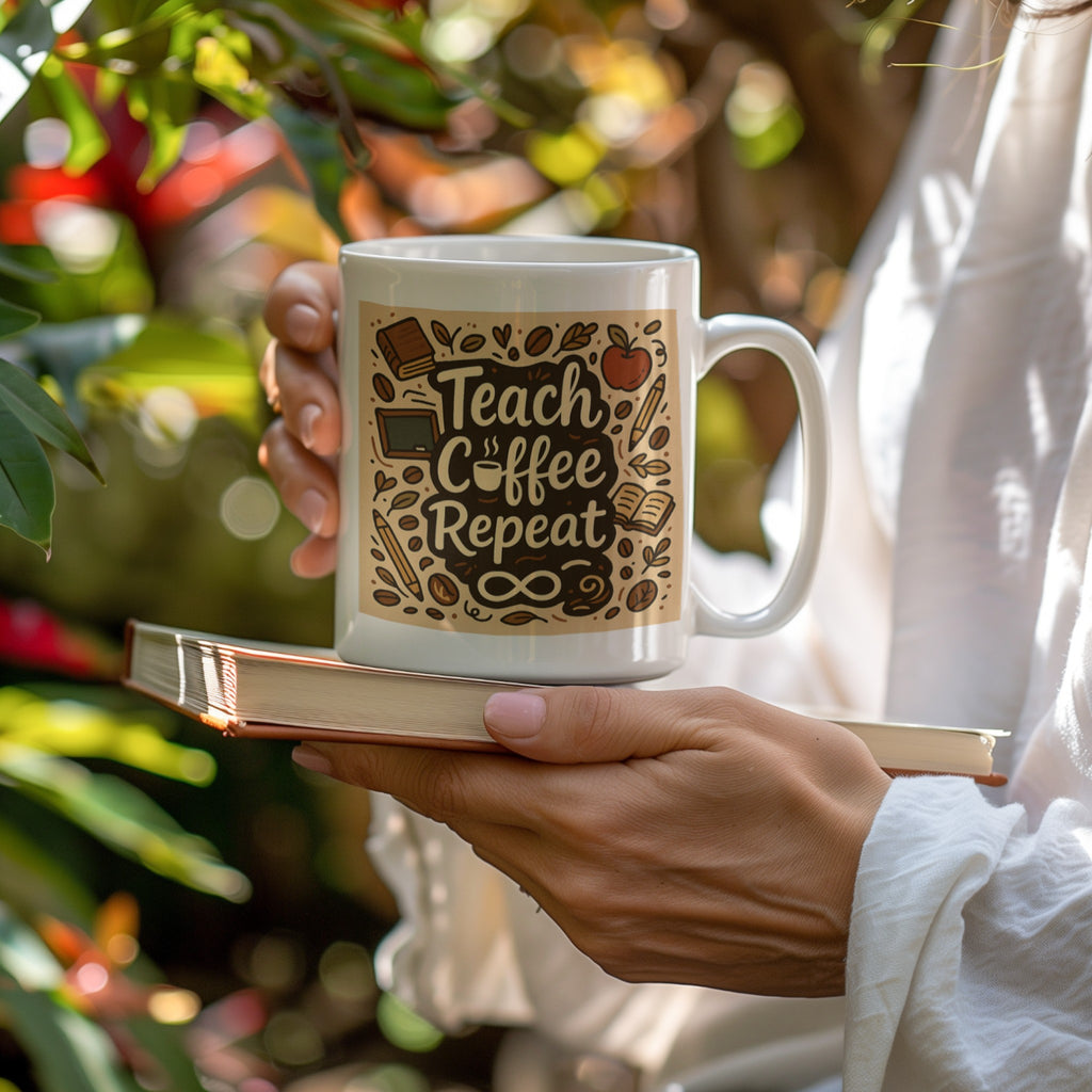 Teach Coffee Repeat Mug | Funny Teacher Coffee Cup Gift for Educators, Classroom & Home