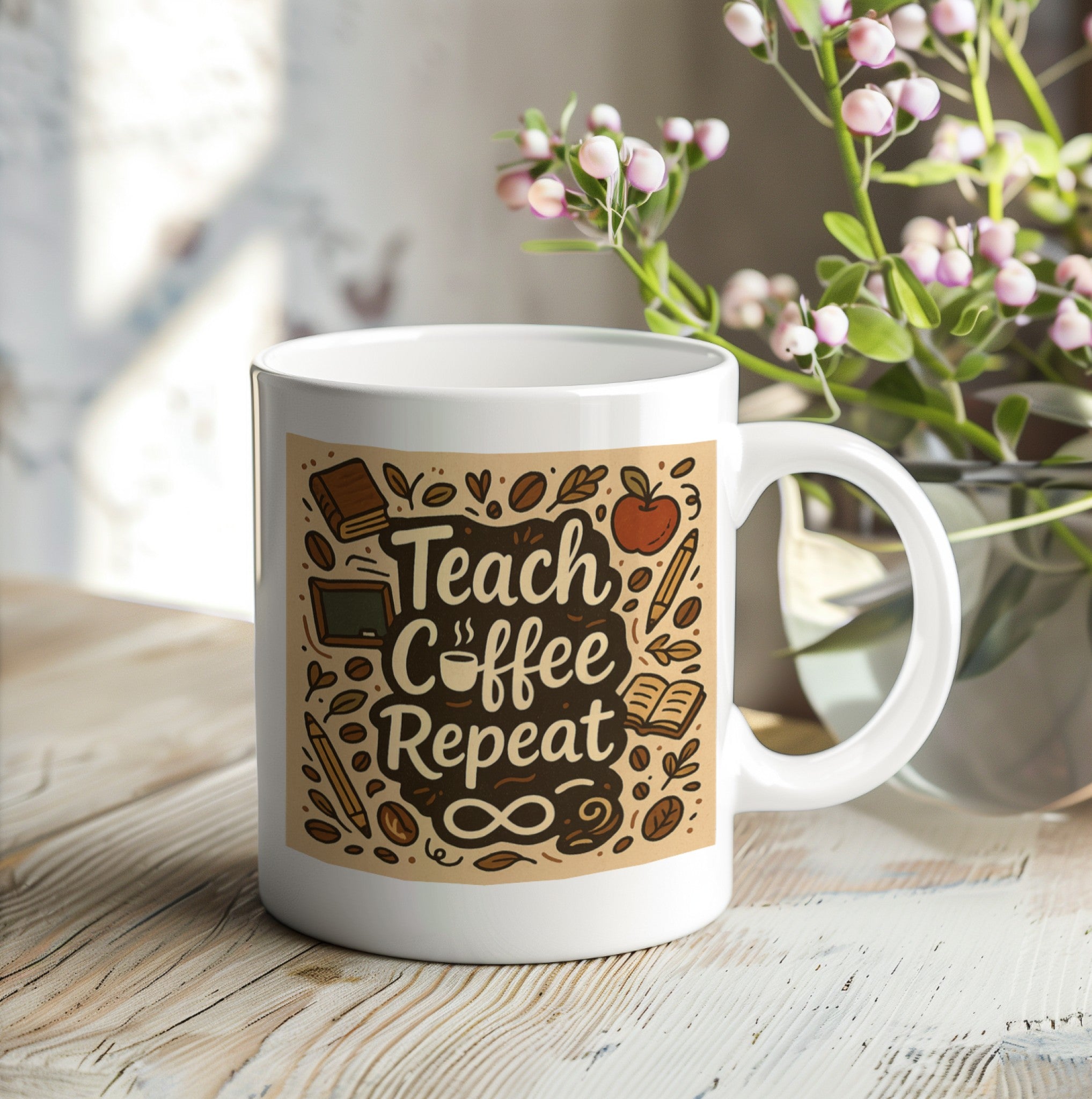 Teach Coffee Repeat Mug | Funny Teacher Coffee Cup Gift for Educators, Classroom & Home