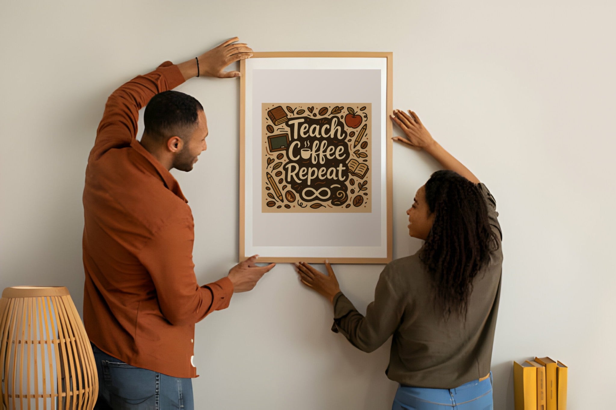 Teach Coffee Repeat Framed Wall Art Poster | Funny Teacher Coffee Quote Print for Classroom & Home Decor