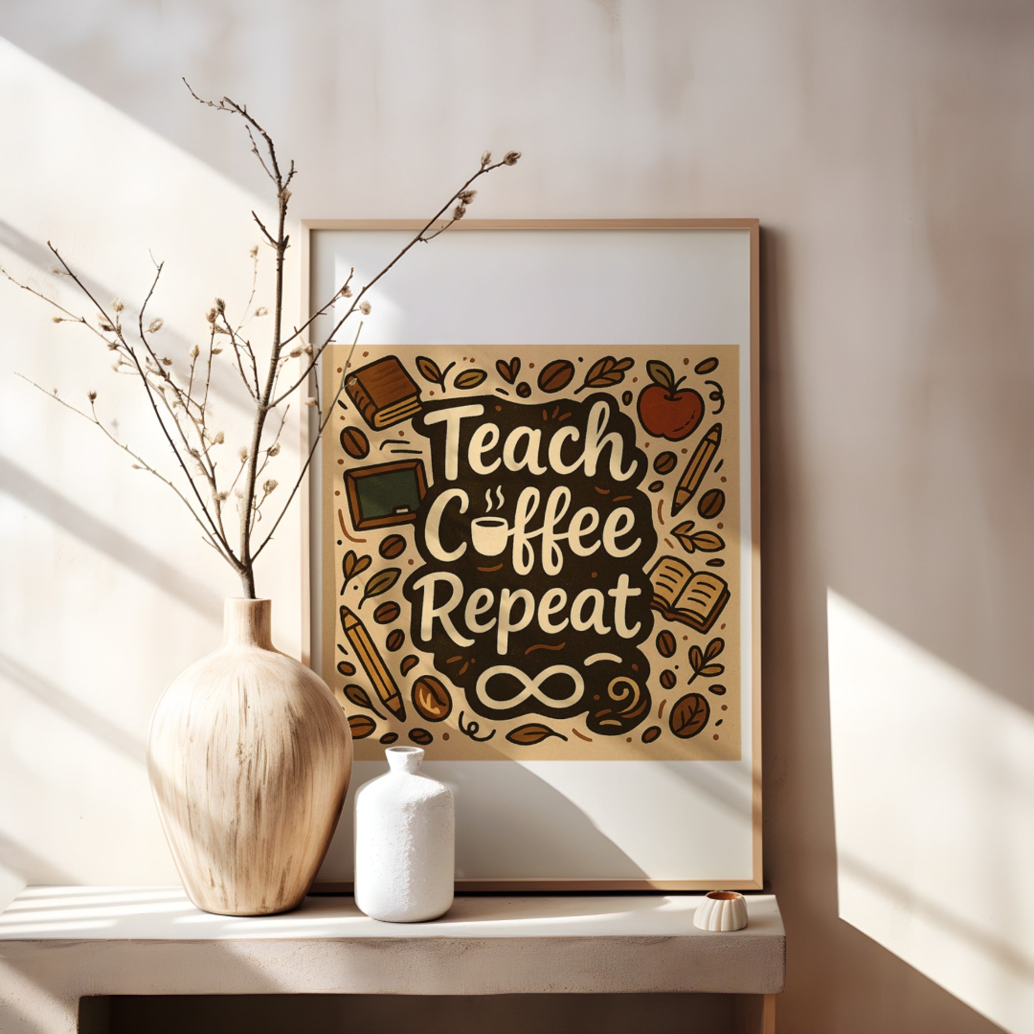 Teach Coffee Repeat Framed Wall Art Poster | Funny Teacher Coffee Quote Print for Classroom & Home Decor