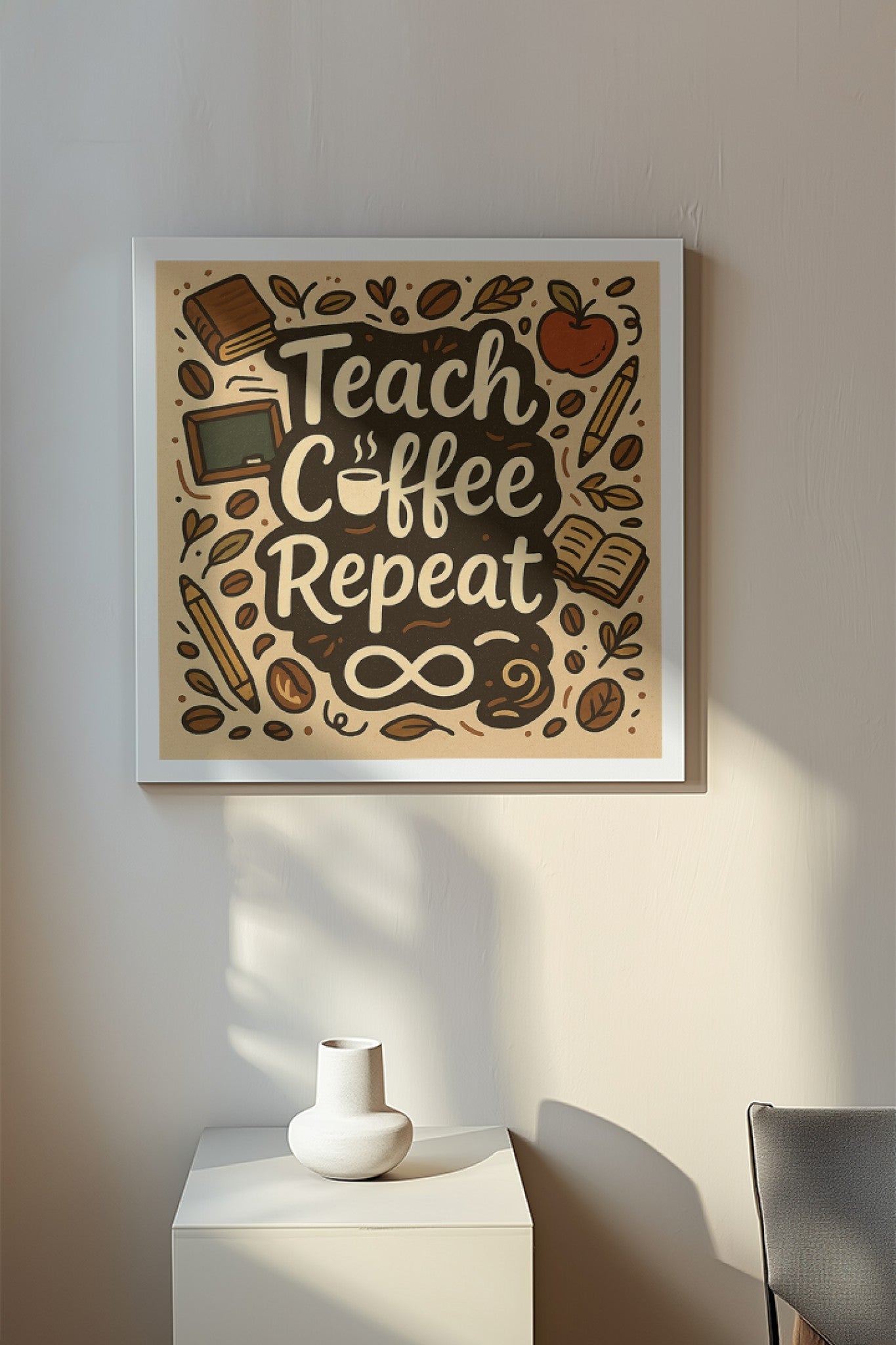 Teach Coffee Repeat Framed Wall Art Poster | Funny Teacher Coffee Quote Print for Classroom & Home Decor