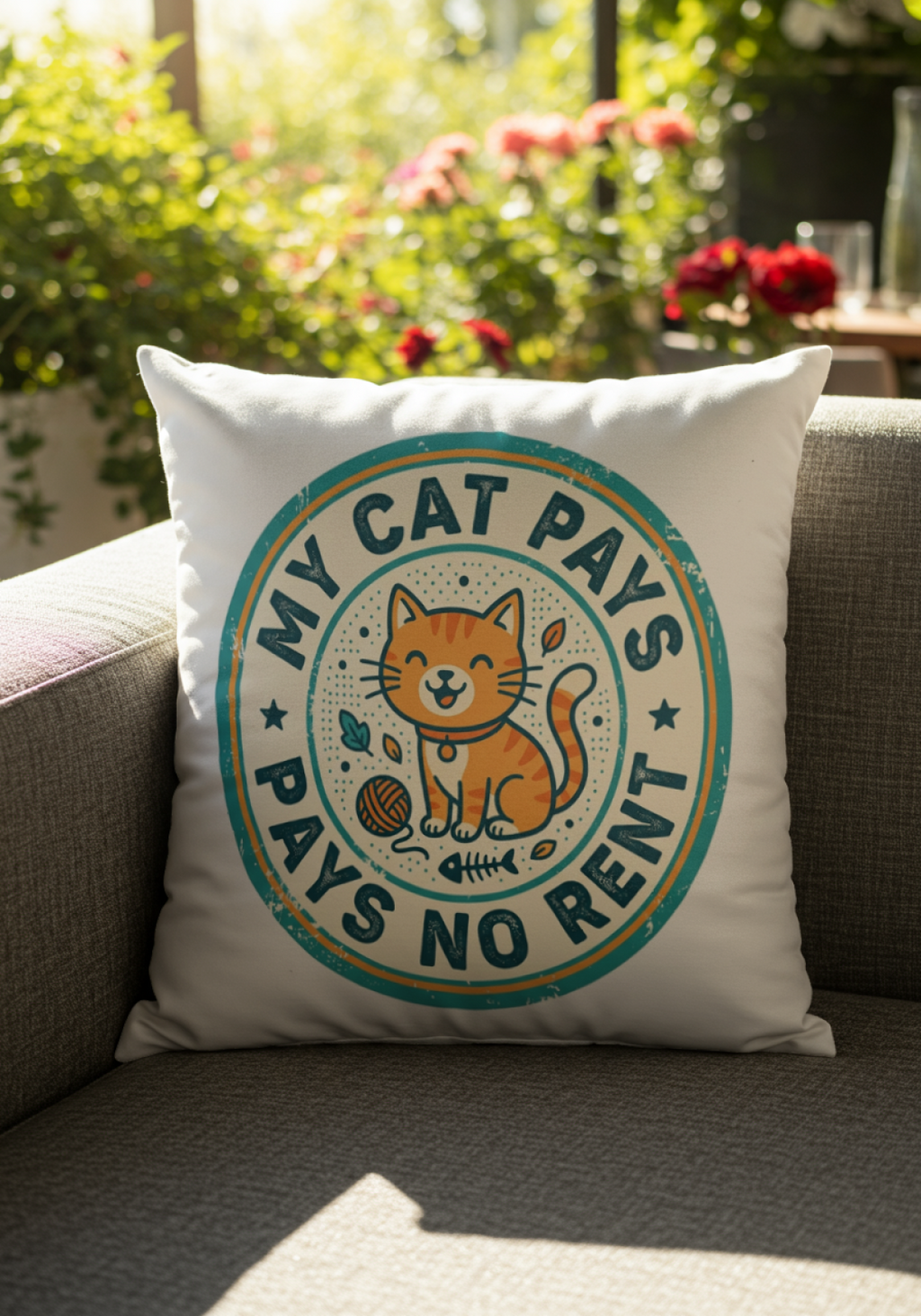 Decorative Pillow for Cat Lover: My Cat Pays No Rent